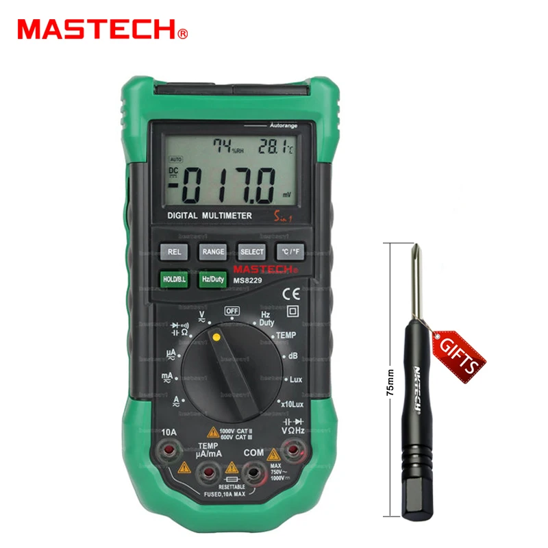 Mastech MS8229 Auto Range 5 in 1 Multi functional Digital Multimeter with DMM Lux Humidity Sound