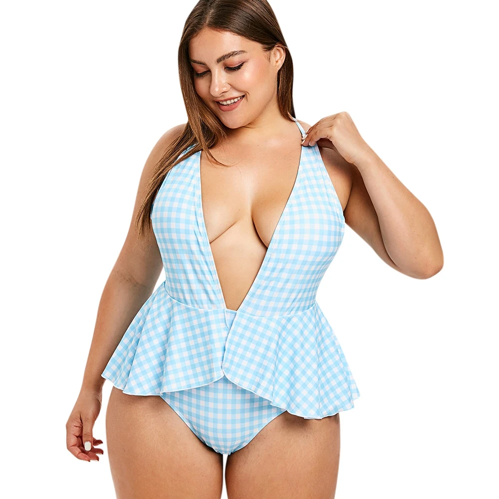 

Women Plus Size 5XL Gingham Print Ruffle Trim Swim Wear Sexy Plunging Neck Plaid One Piece Bathing Suit Casual Beach Set