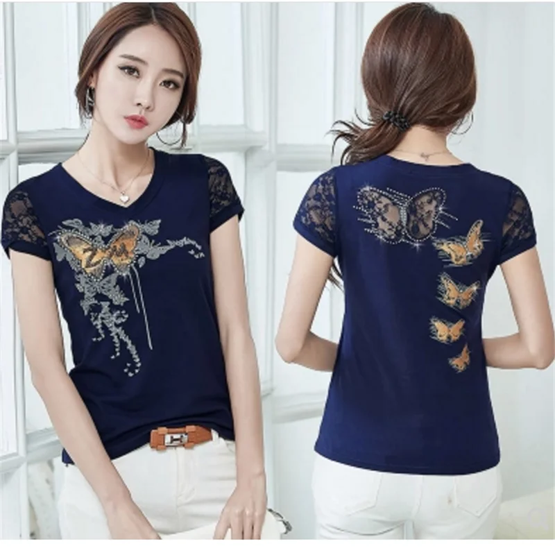 

Woman 4XL 2019 Summer Diamonds butterfly Tshirt Women Lace Rhinestone Lady T Shirt Camisetas Mujer Printing Womens T-Shirts new