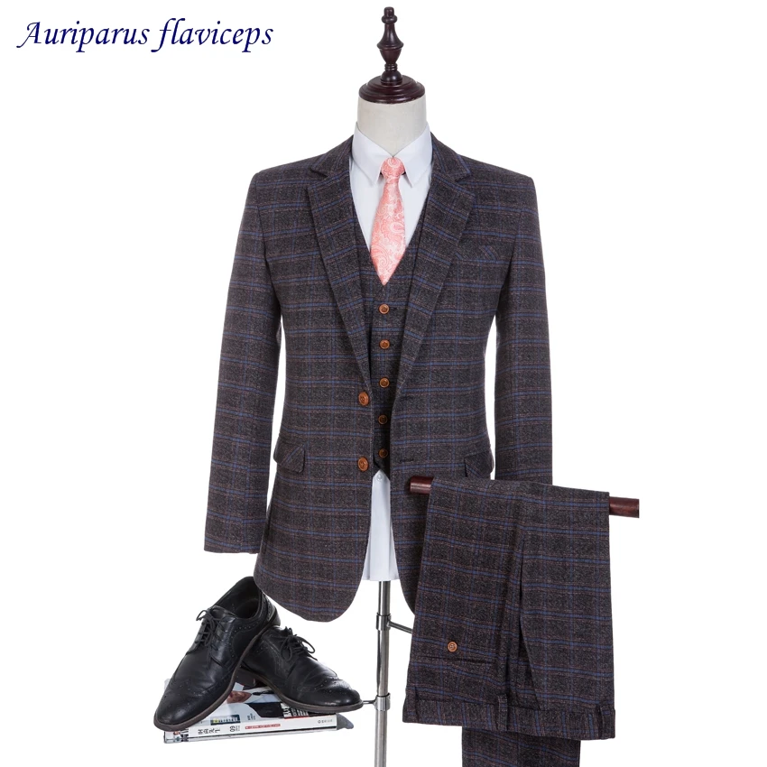 

2019 High Quality Herringbone 100% Wool Suits Plaid Men suits Tailored Suit Blazer Suits For Men 3 pieces (Jacket+Pants+Vest)