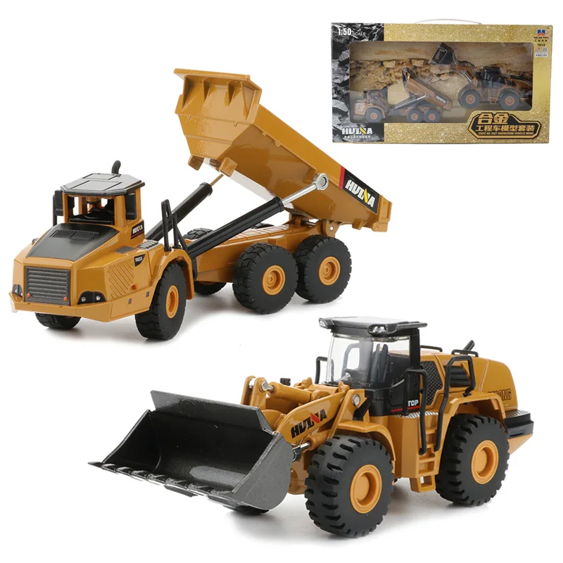 

HUI NA TOYS 1:50 2pcs Engineering Trucks Set Toy Alloy Bulldozer Dumper Truck Static Models Car Toys For Boys Gift