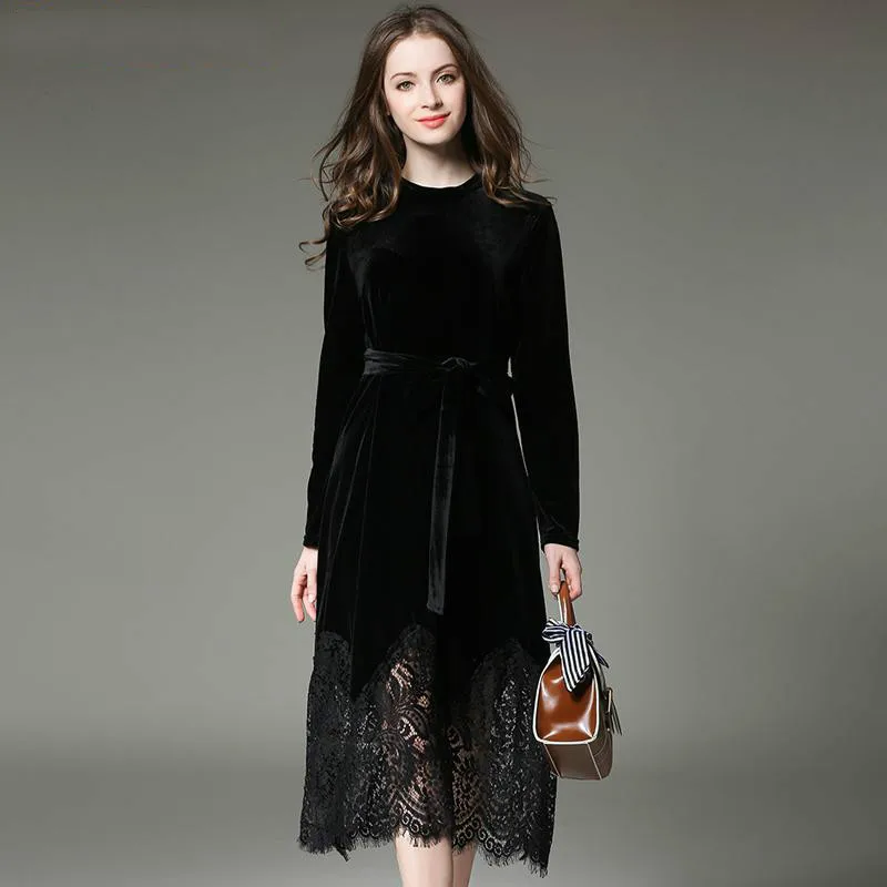 2017 New Autumn Winter Dress Women Plus Size Velvet Lace Stitching Long Vintage Elegant Robe Elbise Office Casual Dress 2017 New Autumn Winter Dress Women Plus Size Velvet Lace Stitching Long Vintage Elegant Robe Elbise Office Casual Dress