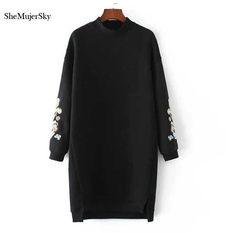  SheMujerSky Sweatshirt Women Long Hoodie Dress Embroidery Floral moleton feminino Pullover Womens 2