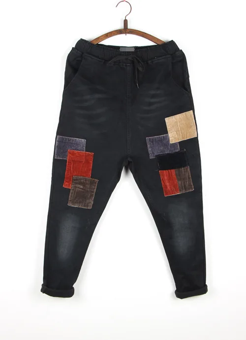 

Original 2017 Winter New Retro Literary Patch Loose Big Yards Plus Velvet Jeans Female Long Pants Collapse