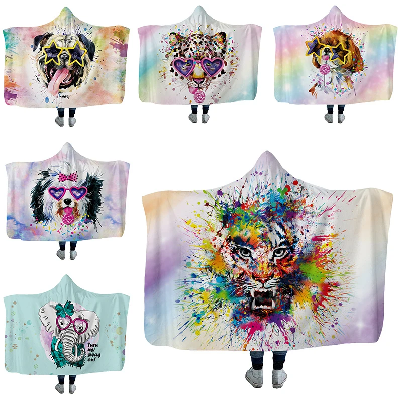 

2019 Colorful Animal Hoodie Blanket Kids Cartoon Dinosaur Printed Winter Warm Plush Hooded Blanket Adult 130*150cm/150*200cm