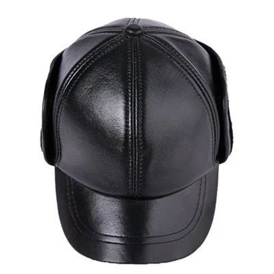 XdanqinX Men's Winter Warm Earmuffs Cap Genuine Leather Hat Plush Thick Sheepskin Baseball Caps Middle-aged Thermal Leather Cap - Цвет: black