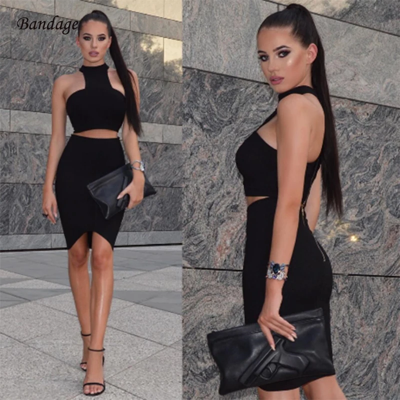 

Sexy Women's Clothing Club Party 2 Piece Sets Fashion Bandage Dress Strapless Sleeveless Short Crop Top Knitted Bodycon Skirts
