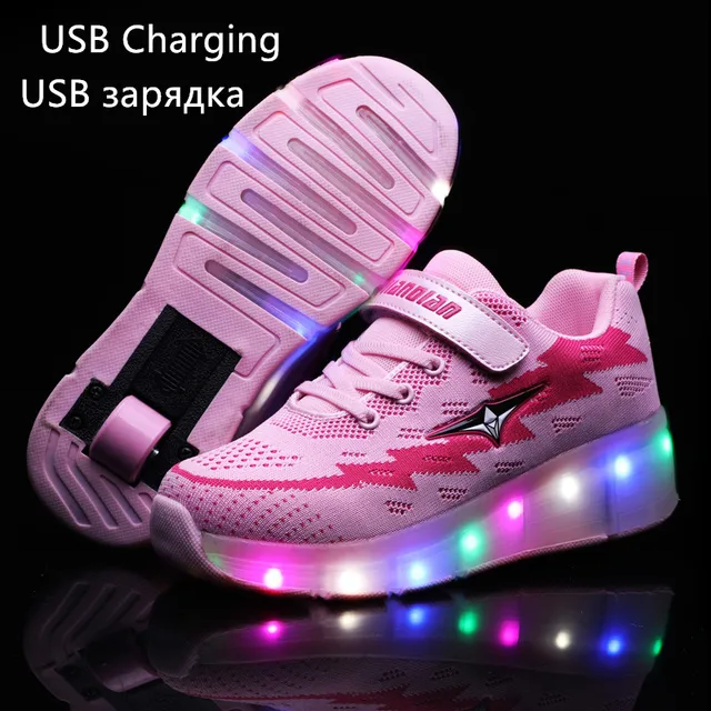 US $29.93 New Pink Orange USB Charging Fashion Girls Boys LED Light Roller Skate Shoes For Children Kids Snea