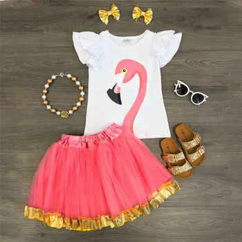 

2019 Cute 2PCS Kids Toddler Girl Clothing Baby Girls Outfits Clothes Summer flamingo Short Sleeve Tops+Tutu Skirts Dress Sets