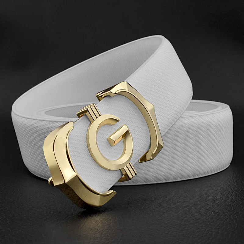 Высококачественный дизайнерский мужской ремень из натуральной кожи с модным g буквенным принтом для мужчин, люксовый бренд Cowskin, повседневный белый поясной ремень ceinture homme - Цвет: White Golden-buckle