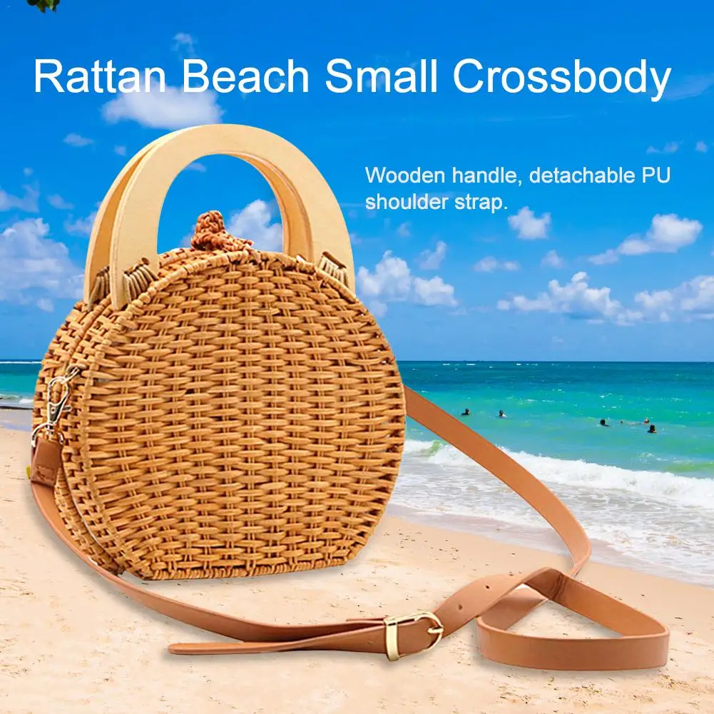 

Hand Woven Bag Round Bag Buckle Rattan Straw Bags Satchel Wind Bohemia Beach Circle Bag For Travel Vacation Beach