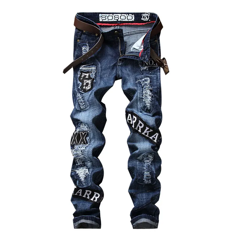 Men's Heavy Embroidery Jeans Pants Hole Jeans Thick Denim Jeans Men