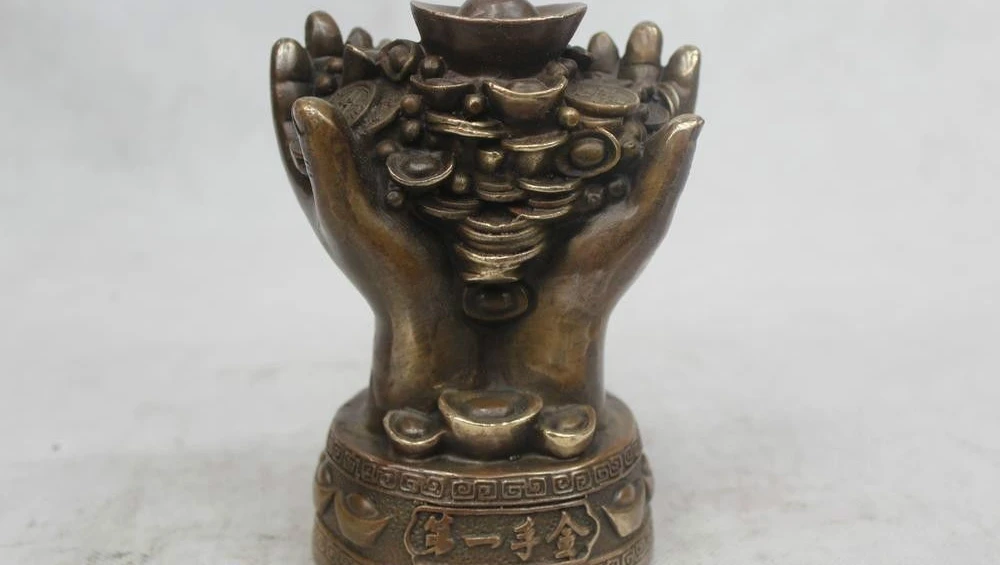 

6"Chinese Folk Pure Bronze excellent Lucky Money drawing Hands Money Statue