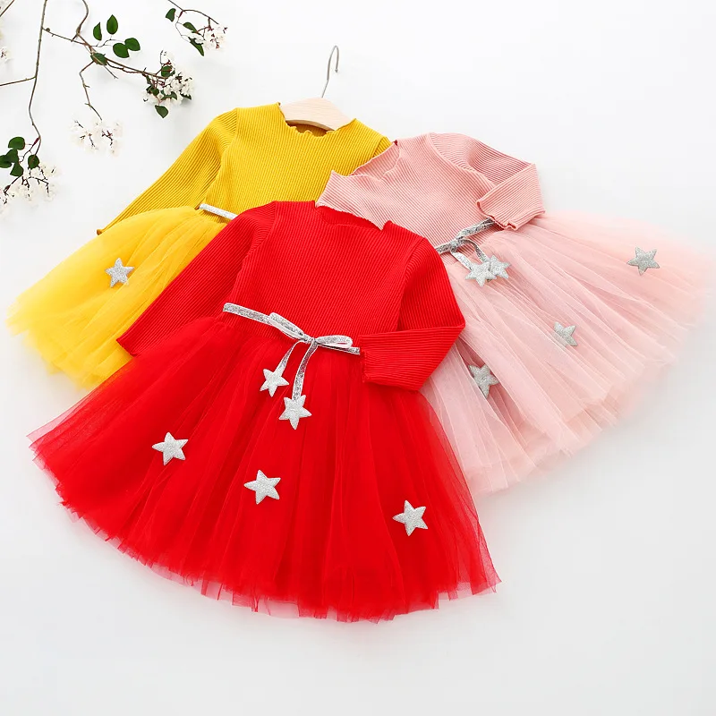 Baby Girls Spring Fall Long Sleeved Mesh TUTU Dress Infant Girl Stars Belt Princess Birthday