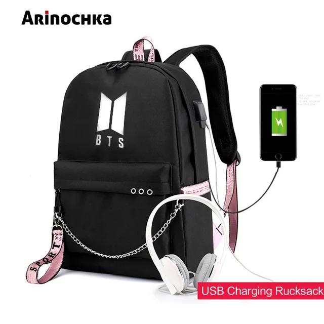 Korean Fashion BTS Bangtan Boys Letter Backpack LOVE YOURSELF USB Charging Travel Bag for Teenager Girls Ribbon Chains Schoolbag