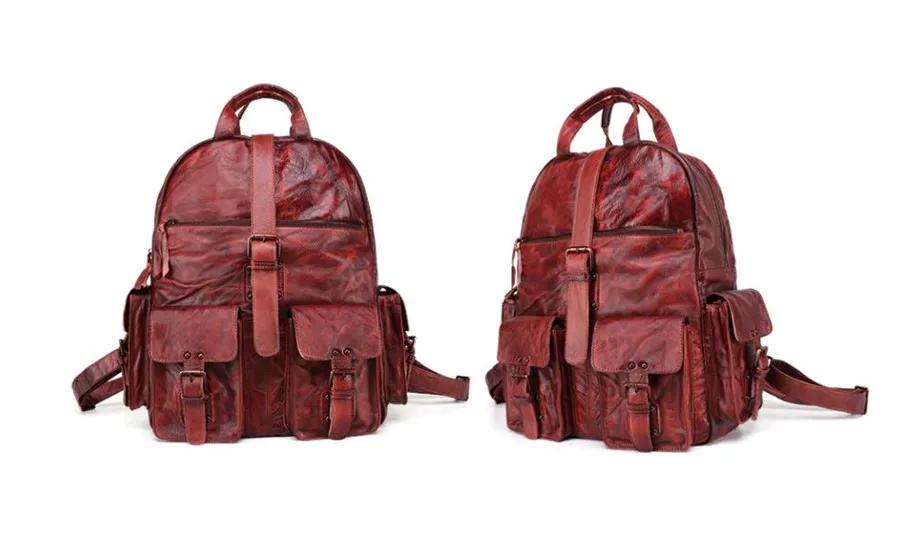 Farbe Rotbraun. Anzeige des Woosir-Rucksacks aus echtem Vintage-Leder