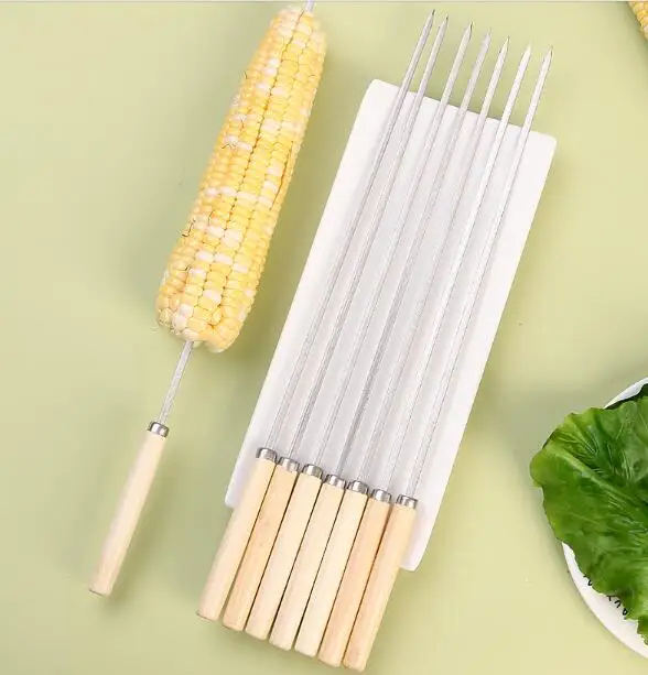 

Barbecue Stainless Steel Skewer Wooden Handle BBQ Flat Stainless Steel Skewer