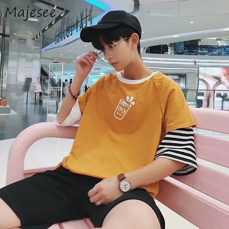 

Men 5 Quarter Sleeve T-shirts Summer Mens T-shirt Harajuku BF Hip-hop Striped Solid Chic Korean Style Loose Male Breathable Top