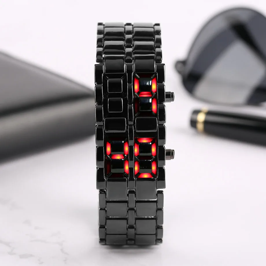 Cool Iron Samurai Japanese-inspired Red LED Digital Watch Men Faceless Design Bracelet Date Wristwatch Sport Relogio Masculino  (9)