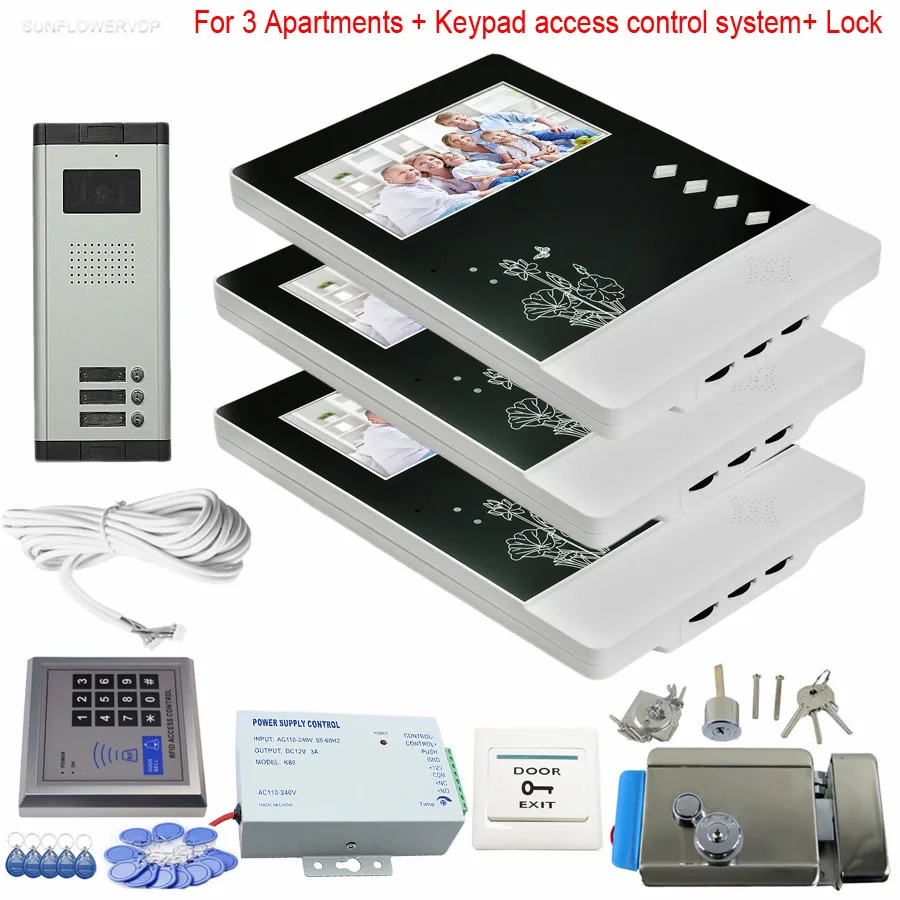 3 Units Video Doorphones Rfid/Code Keypad With Eletronic Lock Video Intercom System Color 4.3\ Screen 700TVL CCD Doorbell Camera