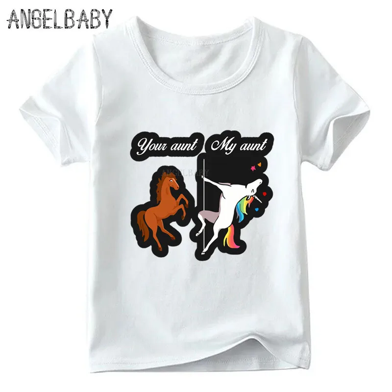 Детская футболка с принтом «ваша тётя лошадь моя тетя Единорог» летняя футболка для маленьких мальчиков и девочек детская повседневная забавная одежда HKP5261 - Цвет: White F