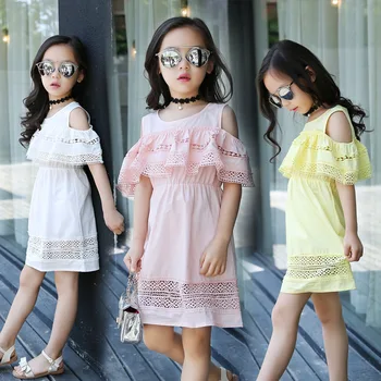 

Summer Wear New Product Girls Pure Cotton Lace Split Joint Shoulder Short Sleeve Dress Offspring