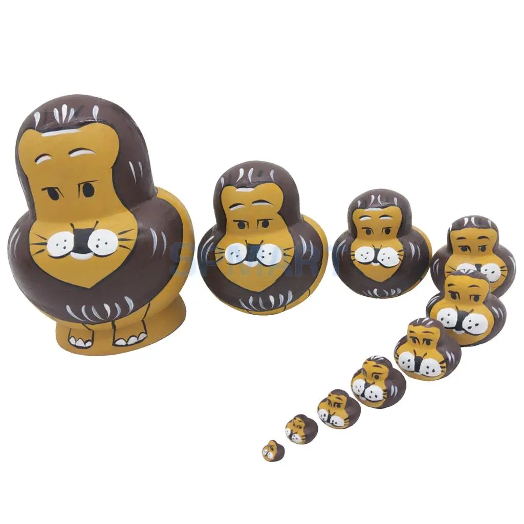 10Pcs Wooden Russian Nesting Dolls Toy Handmade Matryoshka Babushka Cartoon Animals Lions Pattern Dolls Christmas Gifts
