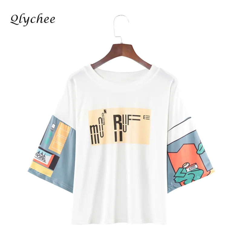 Qlychee Fashion Streetwear Patchwork Print T shirt Women Three Quarter Sleeve O Neck Harajuku Lady Top Tee Spring T-shirt Female