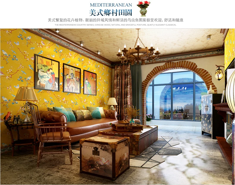 Американский нетканый обои китайский стиль цветок и птица спальня ТВ фон Ресторан Желтый обои для гостиной