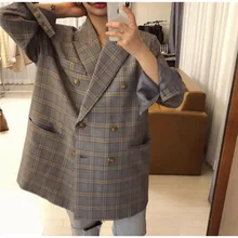 2020 Blue Large Lattice Double-breasted Loose Large Edition Casual Suit Notched Double Breasted Plaid Women Jackets and Coats