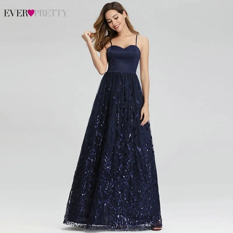 Ever Pretty вечерние платья с пайетками длинное платье трапециевидной формы на тонких бретелях изящный, темно-синий Вечерние платья EP00977NB Robe De Soiree Femme