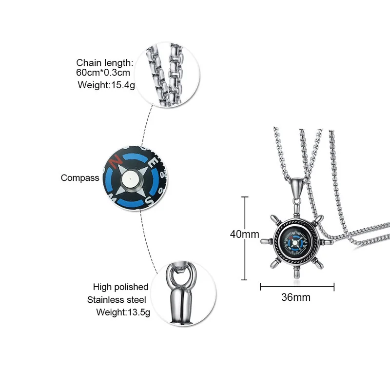 Vnox функциональное мужское ожерелье, подвеска с компасом, нержавеющая сталь, стильные мужские ювелирные изделия, моряк, аксессуары, подарок, 2" цепочка