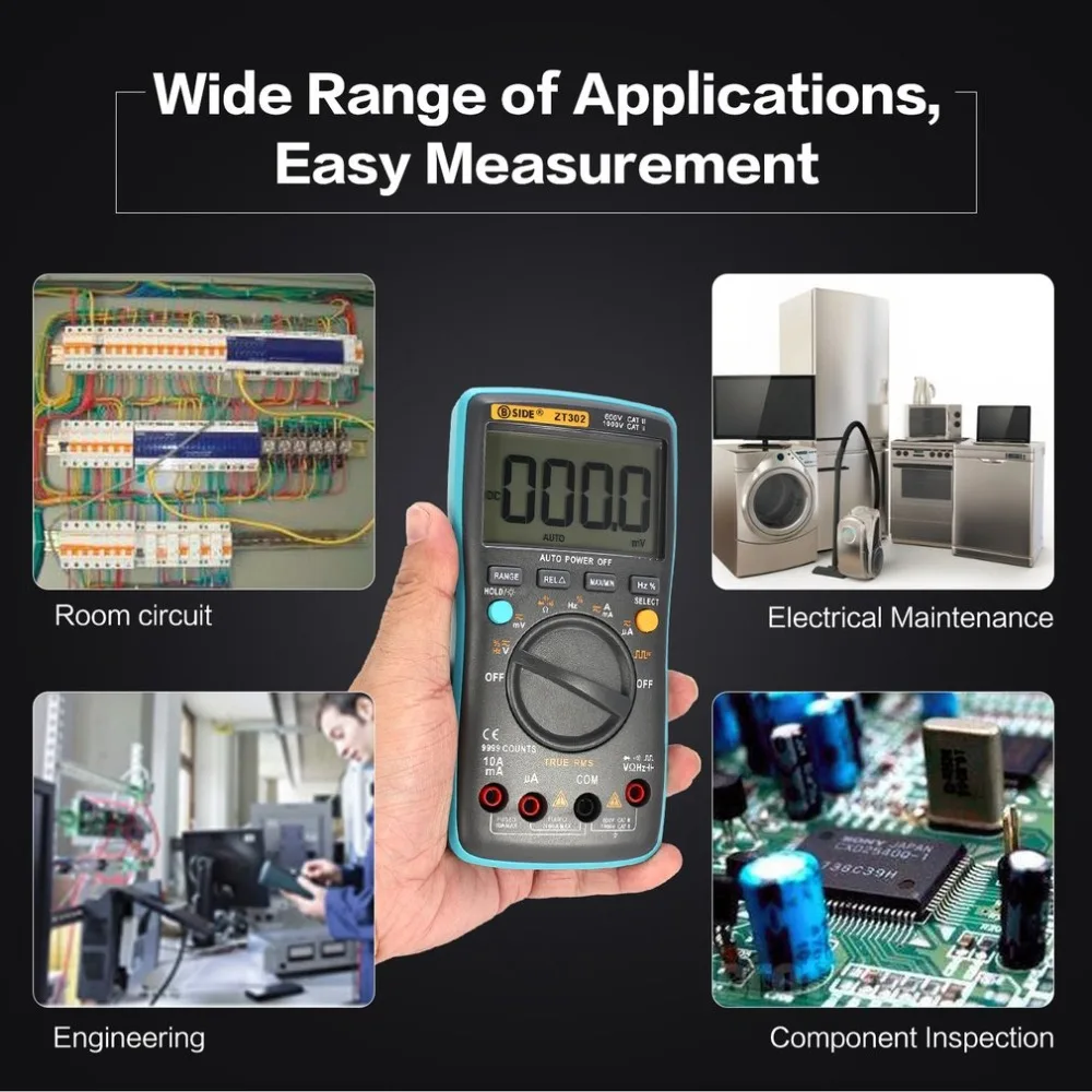 

BSIDE ZT302 Digital Multimeter 9999 Count True RMS AC/DC Volt Amp Ohm Capacitance Frequency Duty Cycle Diode Continuity Tester