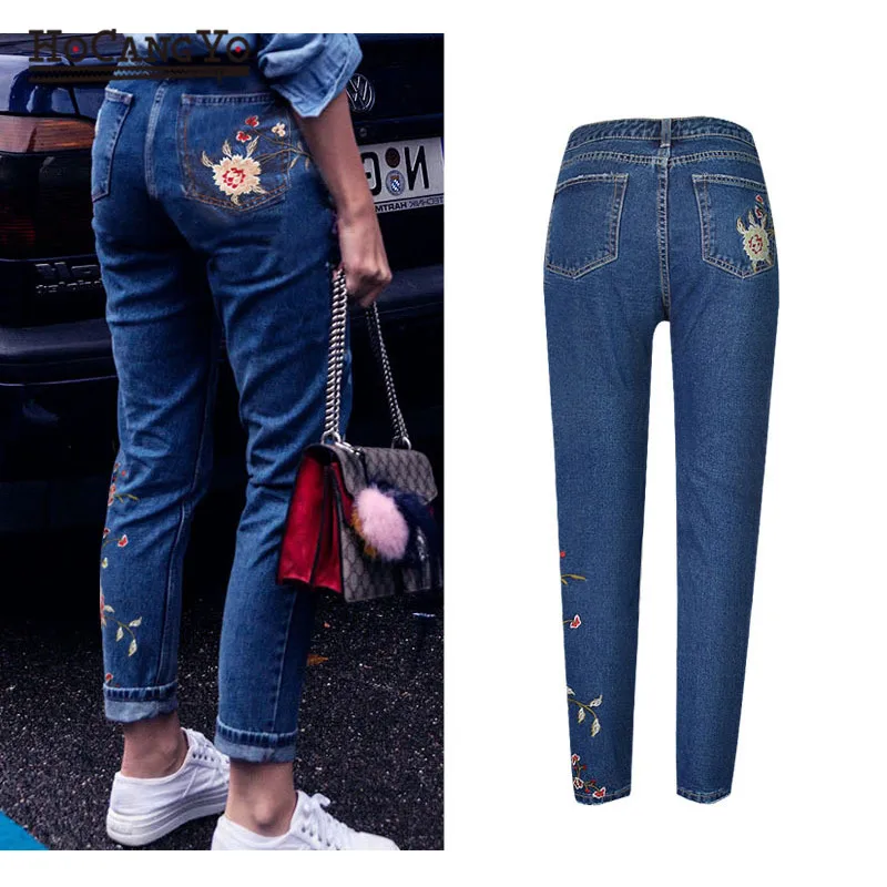 HCYO женские джинсы с высокой талией с вышивкой, тонкие рваные джинсы для женщин, джинсовые брюки темно-синие женские брюки, джинсы, повседневные обтягивающие джинсы