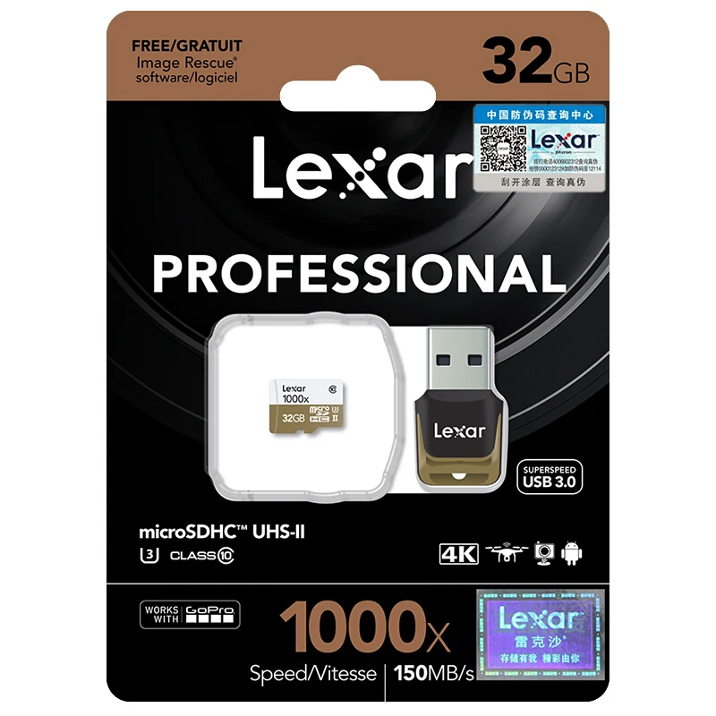 Lexar Micro SD 150 МБ/с. 1000x Class 10 64 Гб оперативной памяти, 32 Гб встроенной памяти, micro SDXC 128GB tf устройство чтения карт памяти UHS для беспилотная спортивная видеокамера