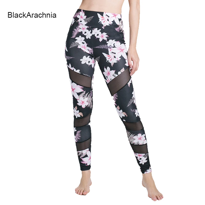 

BlackArachnia Sports Fitness Yoga Leggings Peach blossom Digital Printing Mesh Sexy Leggings Women Legging High Waist Yoga Pants