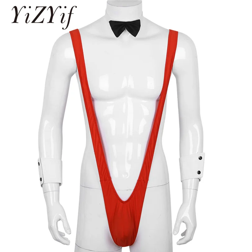 

YiZYiF Sexy Mens Mankini Borat Style V Sling Stretch Underwear Suspender Bodysuit Strap Thongs Bodysuit with Bowtie and Cuffs