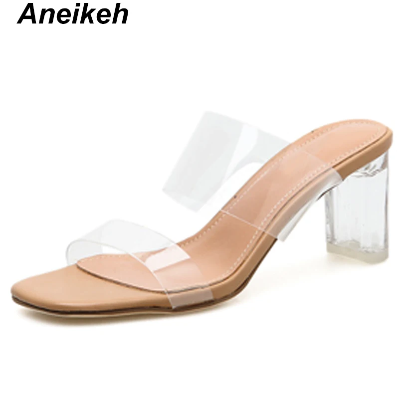 

Aneikeh 2019 New Concise Fashion PVC Shoes Slides Women Transparent Open Toed Sexy Square Heels Women Slippers Pumps Size 35-39