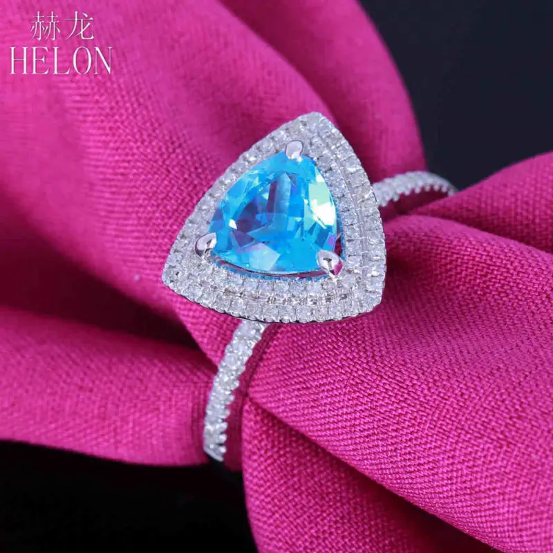 HELON 7x7 мм триллион 1.5ct Голубой топаз кольцо Твердое 14 к белое золото тонкие Алмазы обручальные свадебные кольца красивые ювелирные изделия