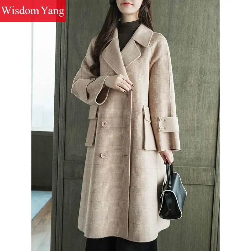 Hiver Moutons De Khaki Survêtement Tendance La Pardessus Coat Manteau Plaid Coréen Taille Femmes Poches Chaud Élégant Long Laine Kaki Manteaux Plus qXFTdXw