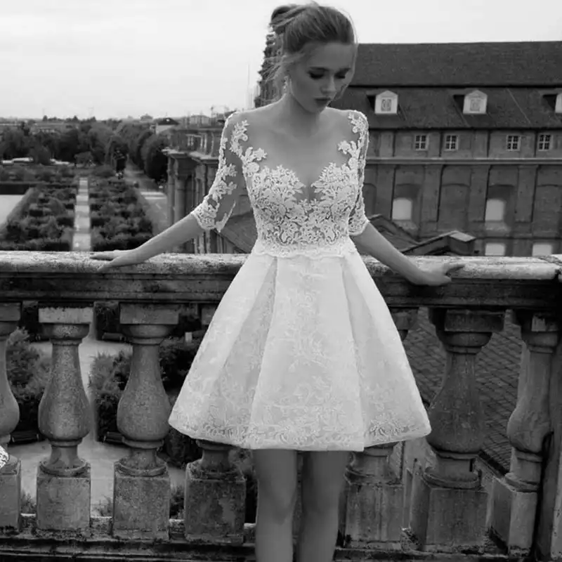 Illusion Tulle O Neck Short Wedding Dresses 2019 Half Cap Sleeves Romantic Lace Sweet Appliques Bridal Gowns Ax103 Wedding Dresses Aliexpress