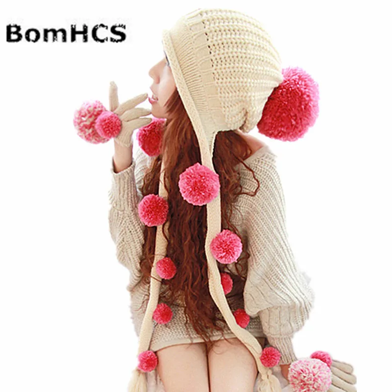 

BomHCS Winter Warm Thick Handmade Beanie Knitted Hat Caps with Many Cute Poms