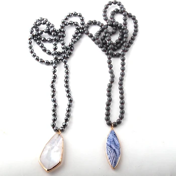 

Fashion Bohemian Jewelry 6mm Hematite Stone Knotted Pendant Necklaces For Women Ethnic Necklace