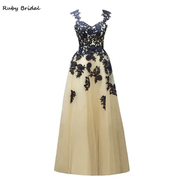 

Ruby Bridal 2017 Vestido De Festa Long A-line Prom Dresses Champagne Tulle Appliques Luxury Backless Party Evening Gown KP04