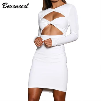 

2019 Bandage Dress New Arrival White Long Sleeve Women Dress Front Cross Cut Out Bodycon Evening Party Dress Vestidos De Fiesta