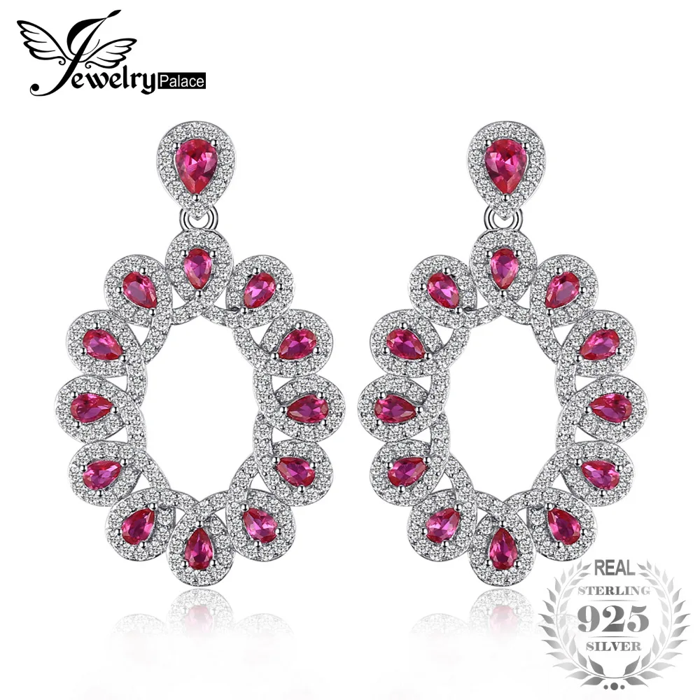 

JewelryPalace Luxury 7.32ct Created Rubies Cluster Drop Earrings 925 Sterling Silver Fashion Wedding Brand Jewerly For Women