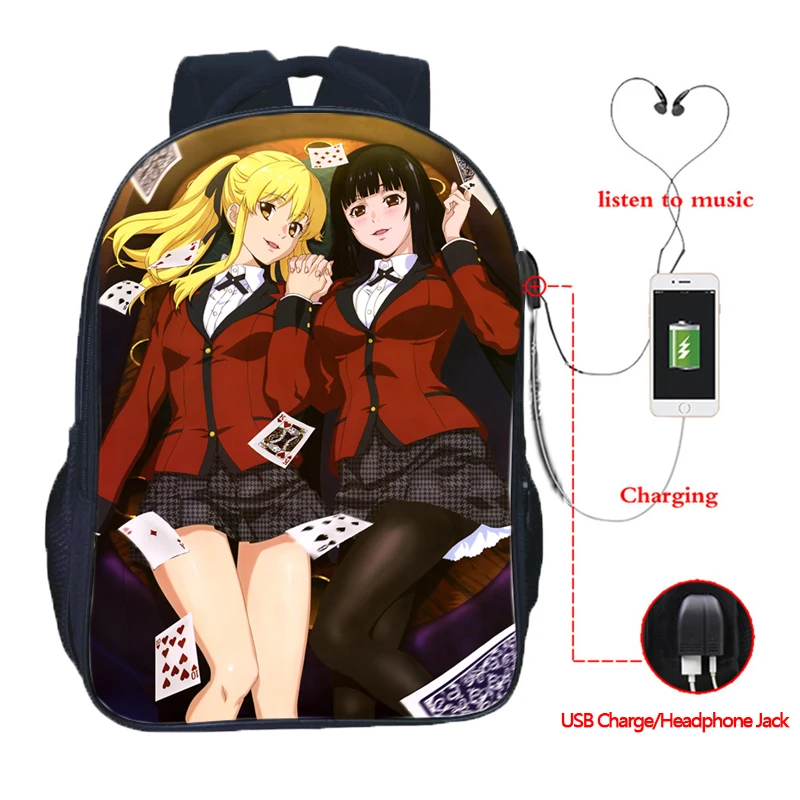 Красивый школьный рюкзак Jabami Yumeko Kakegurui Gambaling с USB зарядкой школьные рюкзаки двумя