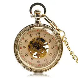 Элегантный гравировка Роскошный Золотой Скелет Механические карманные часы женские ожерелье Классический Рука обмотки Мужские часы