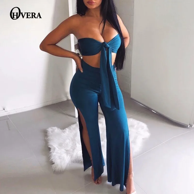 

Ohvera Bandage Two Pieces Set Off Shoulder Strapless Top And Split Pants Elegant Party Women Set 2 Piece Set Women Outfits