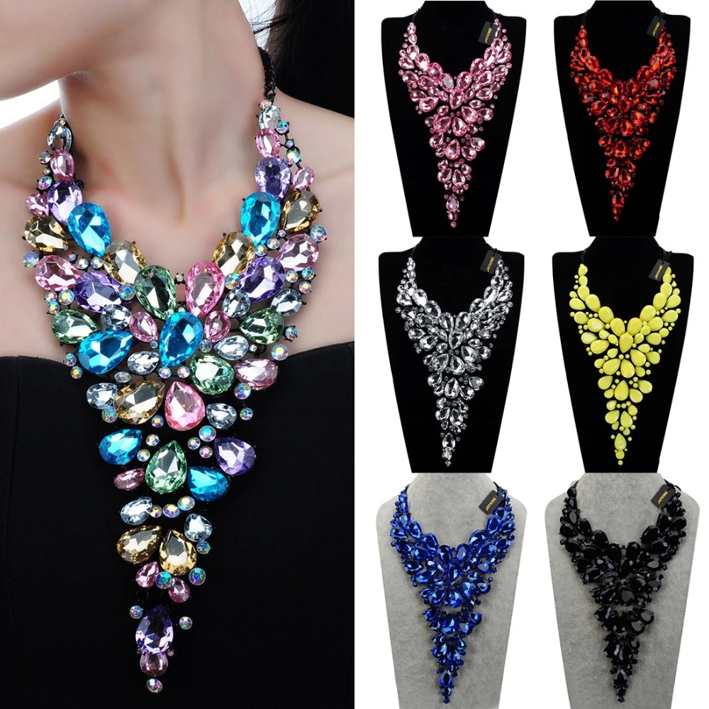 8 colores negro de moda cristal de cadena de resina acrílica gargantilla declaración colgante collar babero gota de agua grande collares de cristal de regalo|bib necklace|fashion necklacenecklace fashion - AliExpress